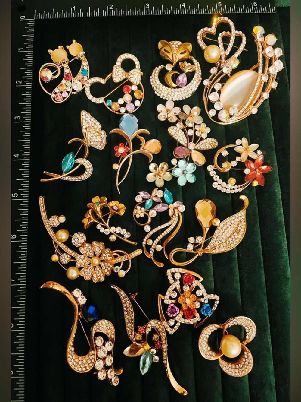 Vintage Style Rhinestone Brooch Lot 17 Gold Tone Floral Fox Cat Mixed